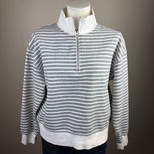 J. Crew M boxy cozy classic nautical White and Gray Striped quarter Zip Sweater